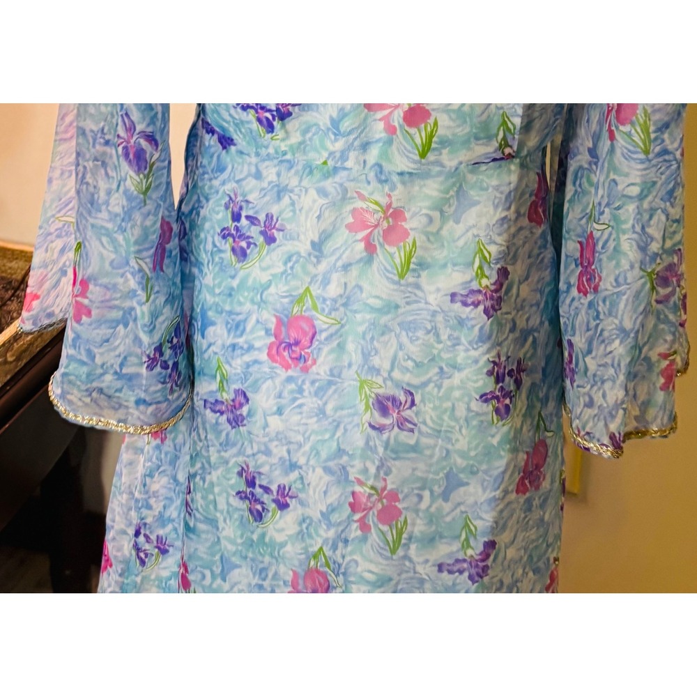 Vintage‎ 60s Mad Men flower Dress Set, Sheer Layered Gown Bell Sleeve S/M - Picture 3 of 16